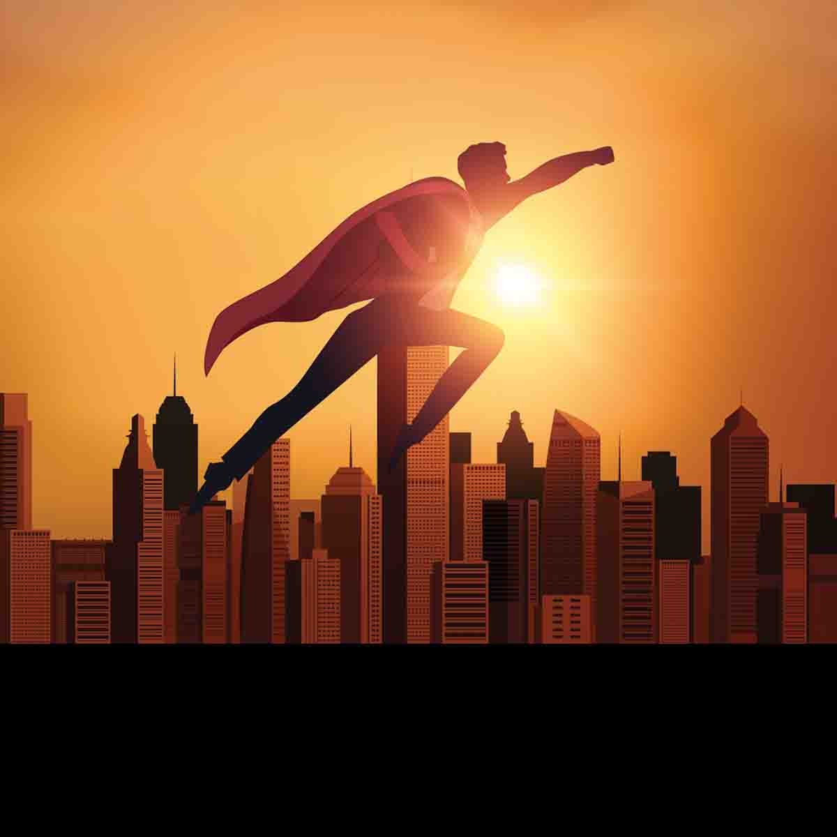 Boys Flying Superhero Over the City Wallpaper Bedroom Mural