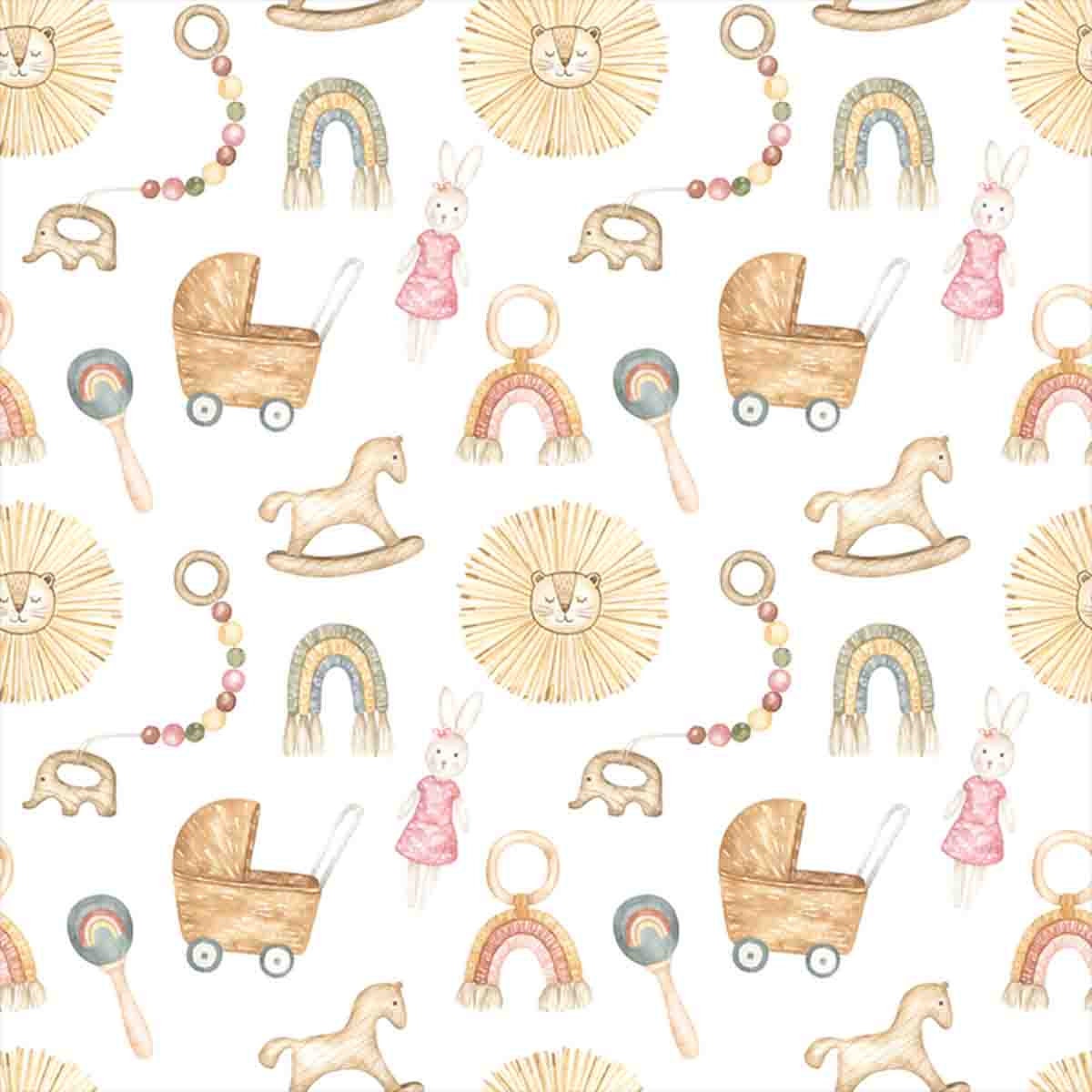 Seamless Pattern with Watercolor Boho Baby Toys Wallpaper Nursery Mural
