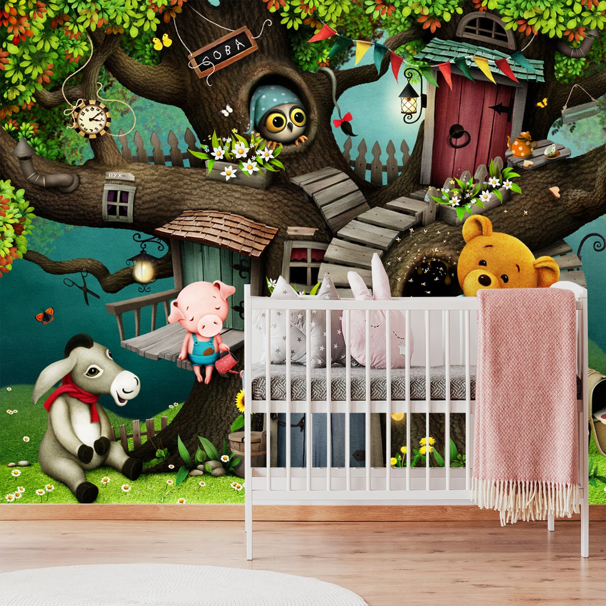 Bright Fairytale Illustration Based on Tale of Winnie Pooh and His Friends Wallpaper Nursery Mural