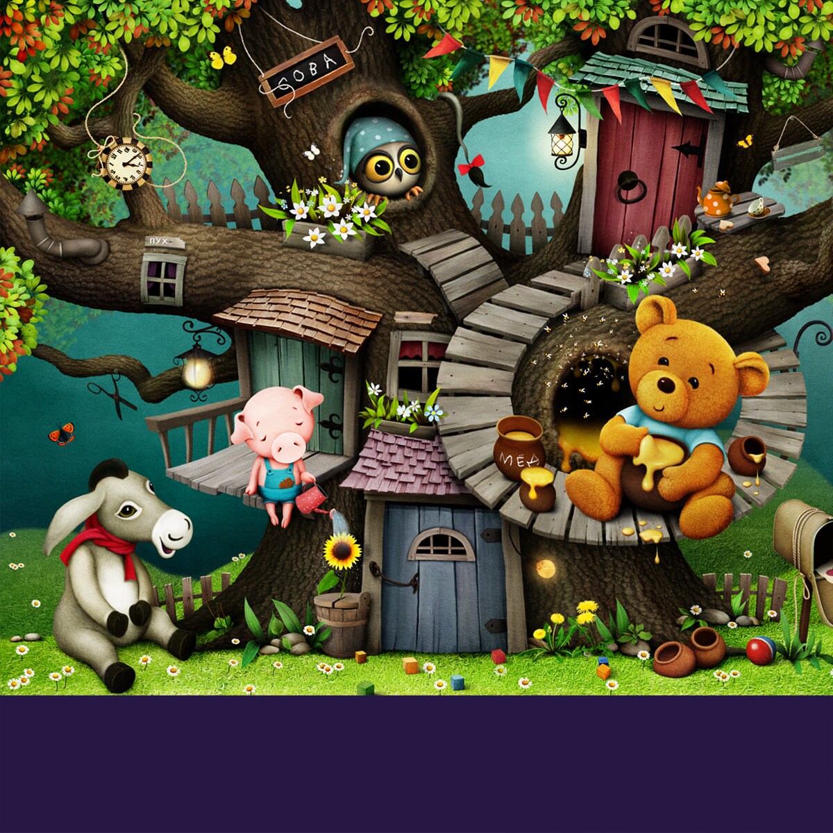 Bright Fairytale Illustration Based on Tale of Winnie Pooh and His Friends Wallpaper Nursery Mural