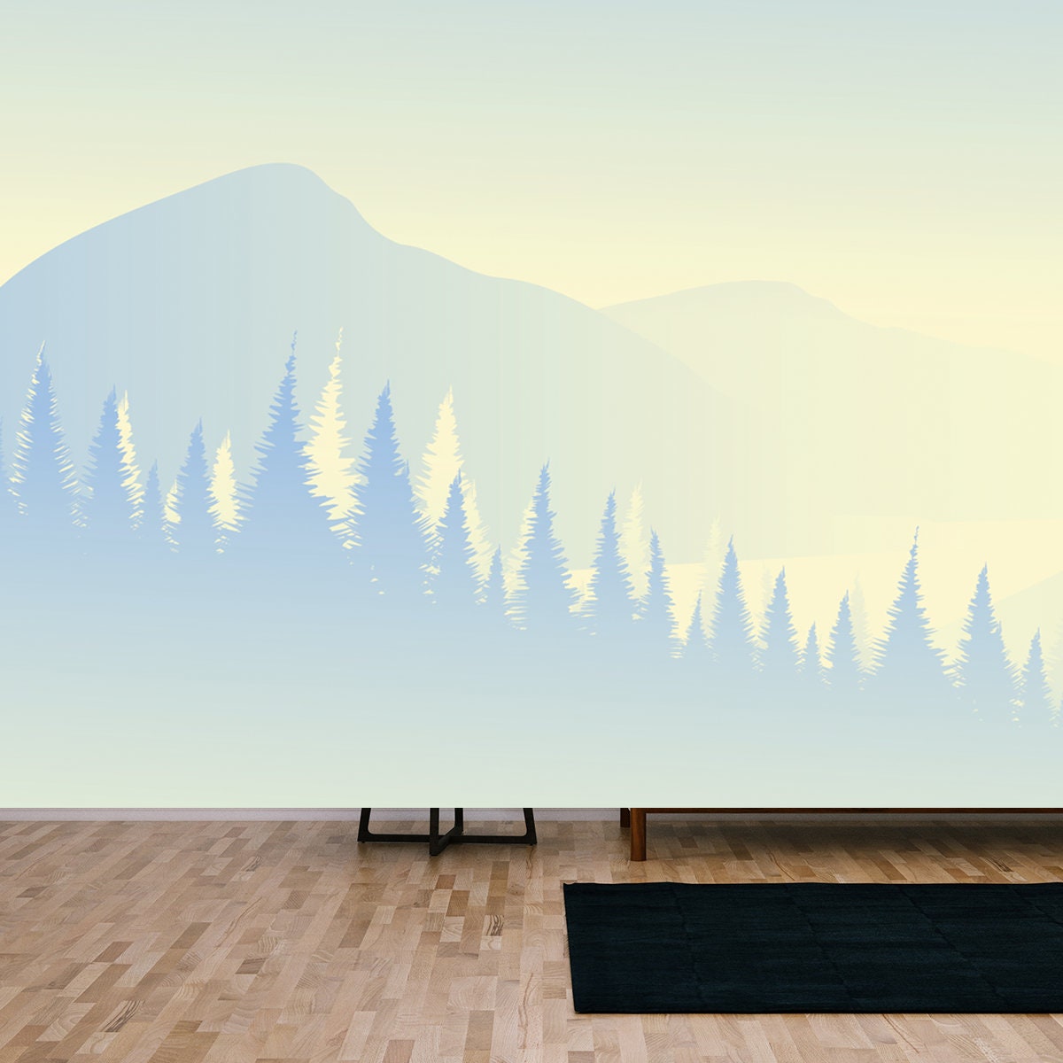 Ice Mountain Landscape with Pine Forest, Foggy and Snow Wallpaper Living Room Mural