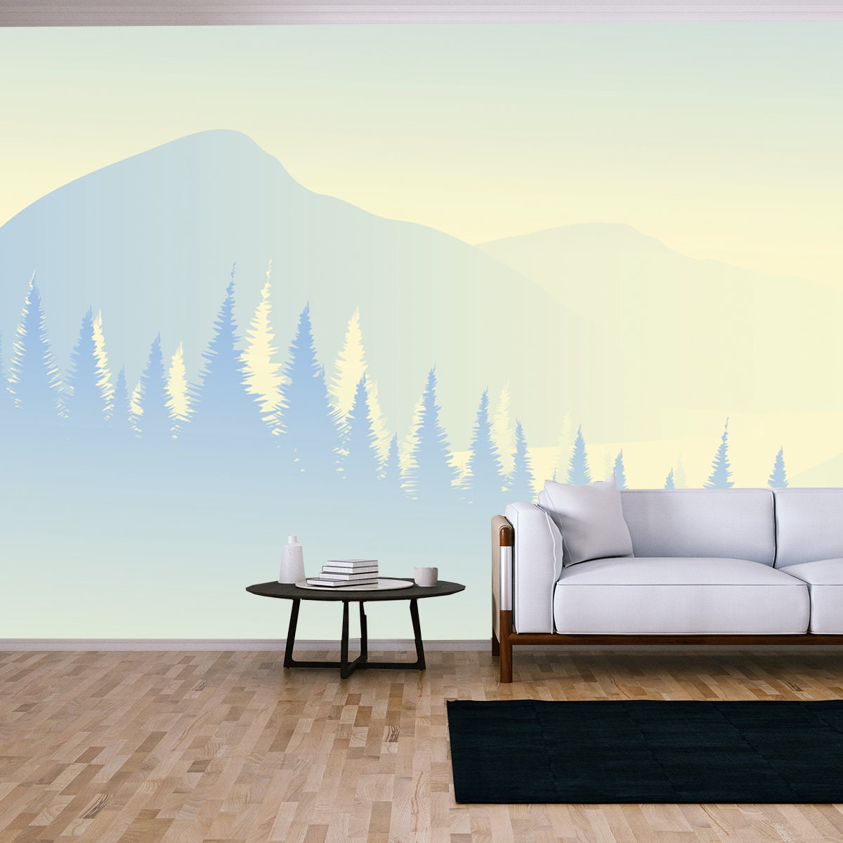 Ice Mountain Landscape with Pine Forest, Foggy and Snow Wallpaper Living Room Mural