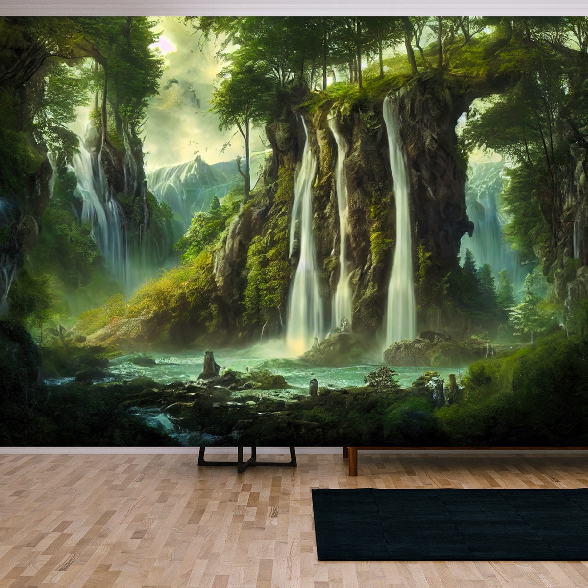 Fantasy Landscape with Waterfalls Falling from Hills, Scenic Enchanted Forests Wallpaper Living Room Mural