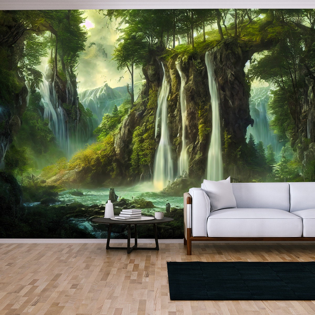 Fantasy Landscape with Waterfalls Falling from Hills, Scenic Enchanted Forests Wallpaper Living Room Mural