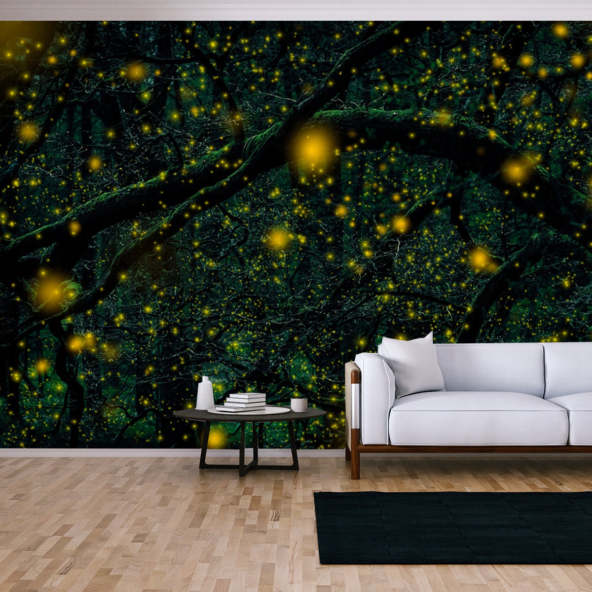 Dark Green Forest with Many Yellow Fireflies Wallpaper Living Room Mural