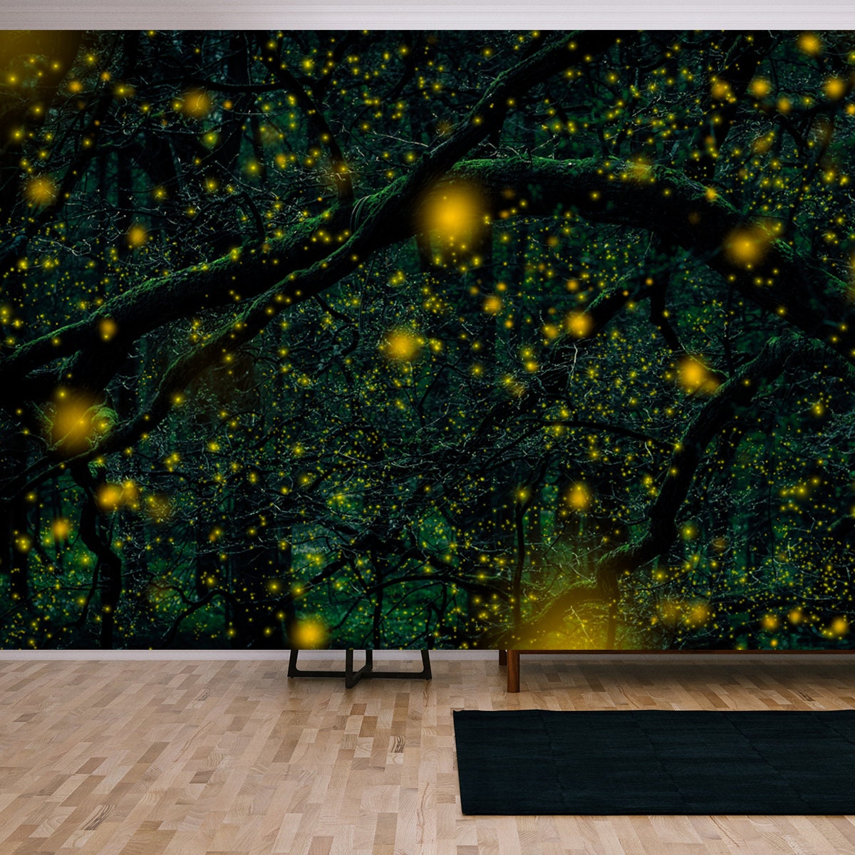 Dark Green Forest with Many Yellow Fireflies Wallpaper Living Room Mural