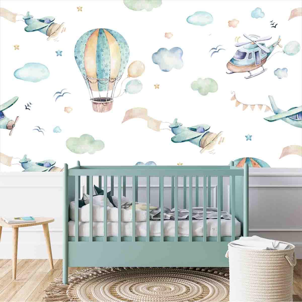 Baby Boy Airplanes, Hot Air Balloons and Helicopters Wallpaper Nursery Mural