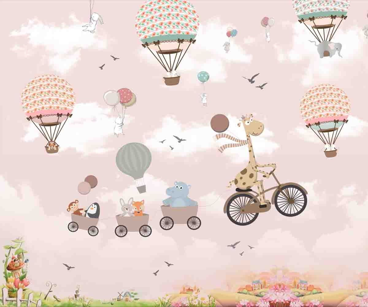 Baby Girl Pink Hot Air Balloons and Animals Wallpaper Nursery Mural