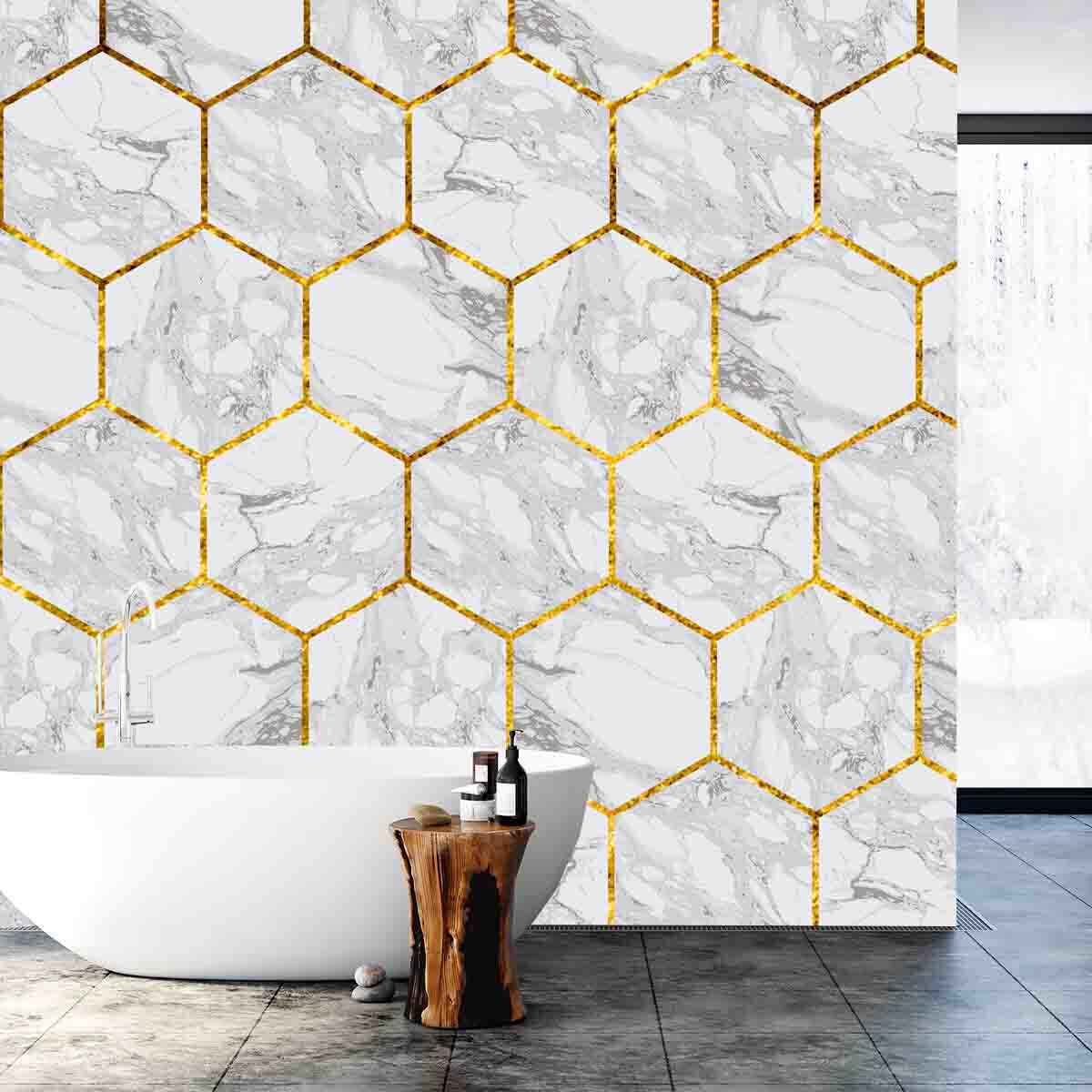 White and Gold Hexagon Wallpaper Bathroom Mural