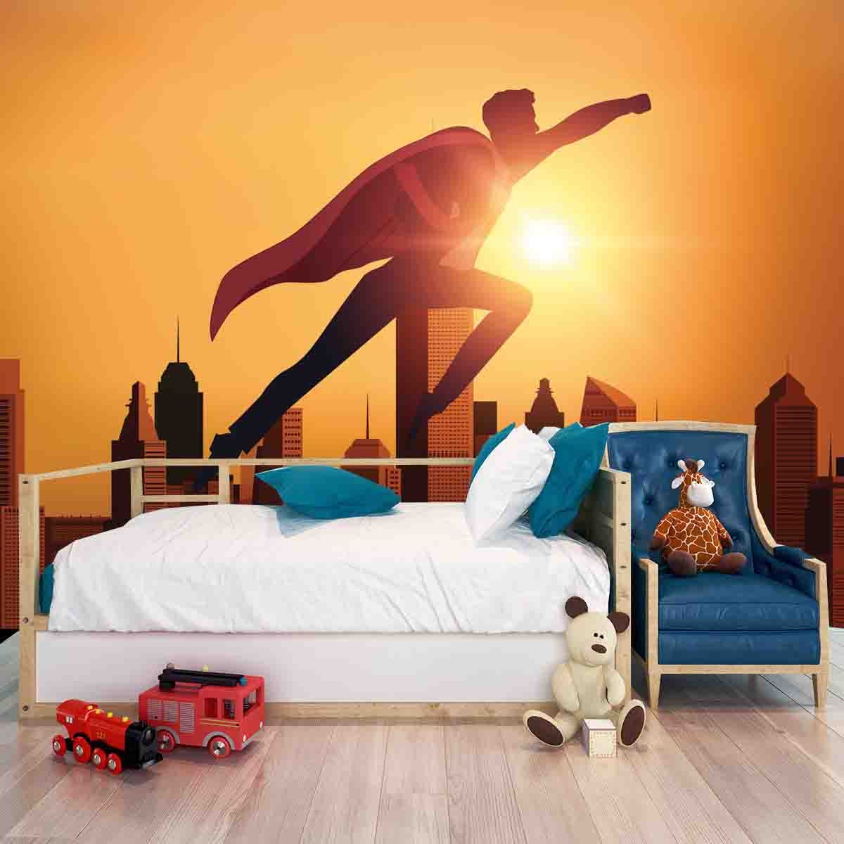 Boys Flying Superhero Over the City Wallpaper Bedroom Mural