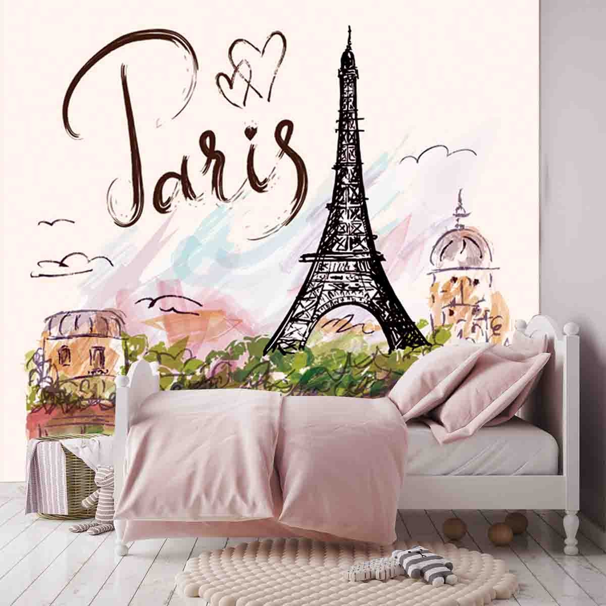 Girls Paris Eiffel Tower with Flowers Wallpaper Bedroom Mural