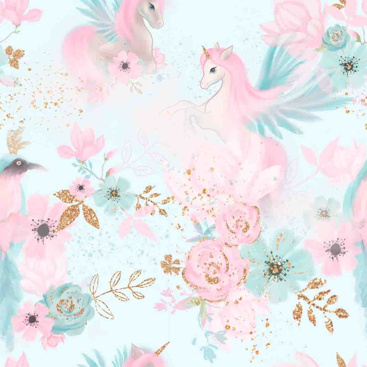 Girls Pink and Blue Unicorn and Flowers Wallpaper Bedroom Mural