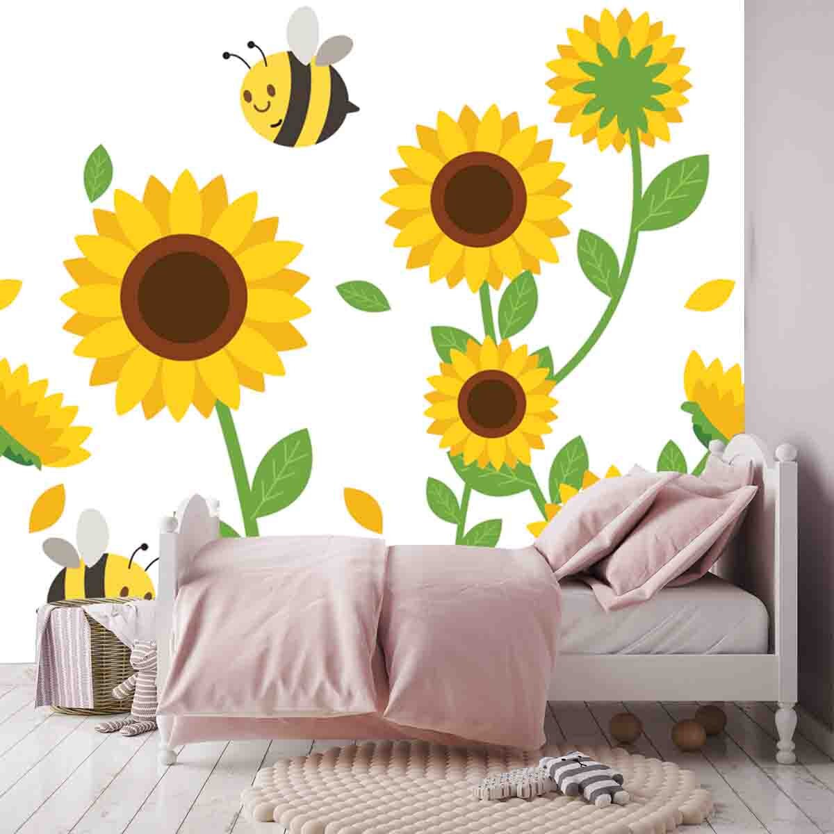 Girls Sunflower and Bumblebee Wallpaper Bedroom Mural