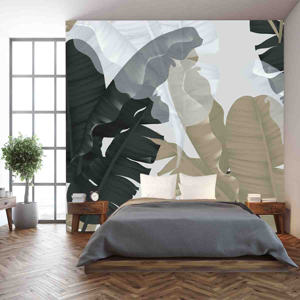 Black, Brown and White Banana Leaves On Light Gray Background Wallpaper Master Bedroom Mural