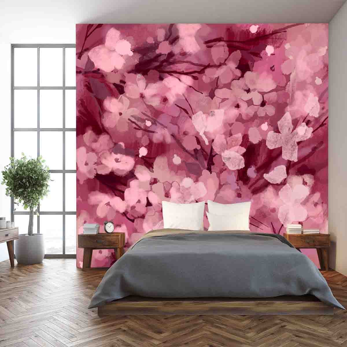 Pink Abstract Floral Monochromatic Spring Blooming Fruit Tree Wallpaper Master Bedroom Mural