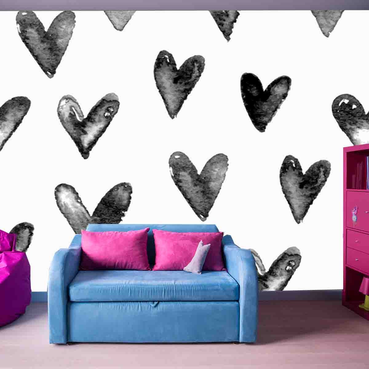 Hand Drawn Pattern with Black Hearts Wallpaper Teen Girl Bedroom Mural