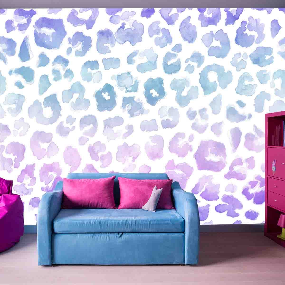 Leopard Animal Print in Muted Tie Dye Hues of Pink, Mint and Purple Wallpaper Girl Bedroom Mural