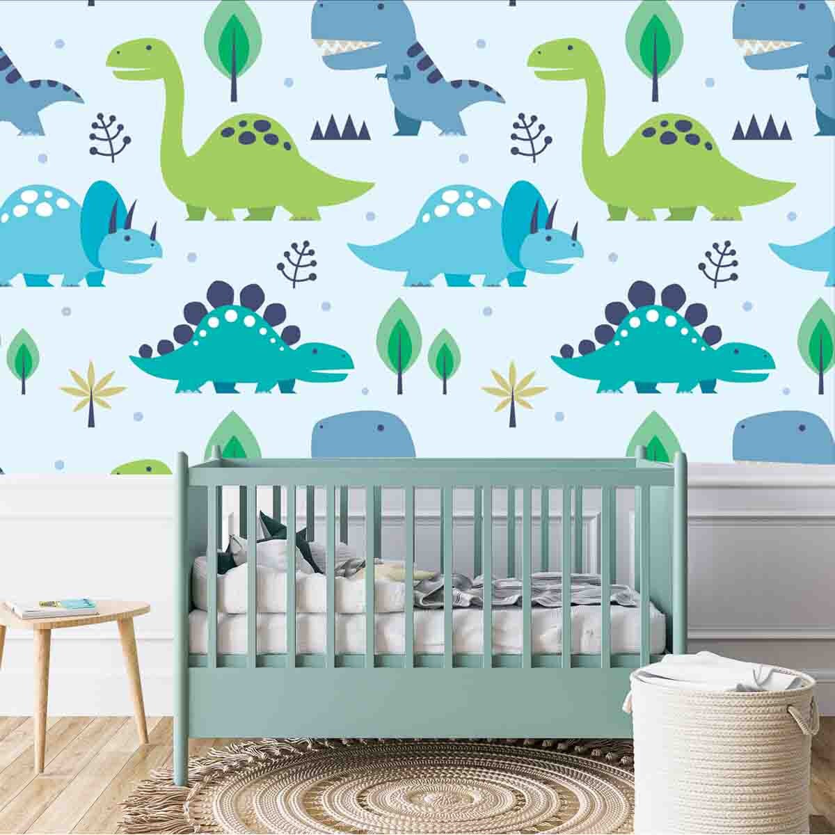 Baby Boy Blue and Green Dinosaurs Wallpaper Nursery Mural