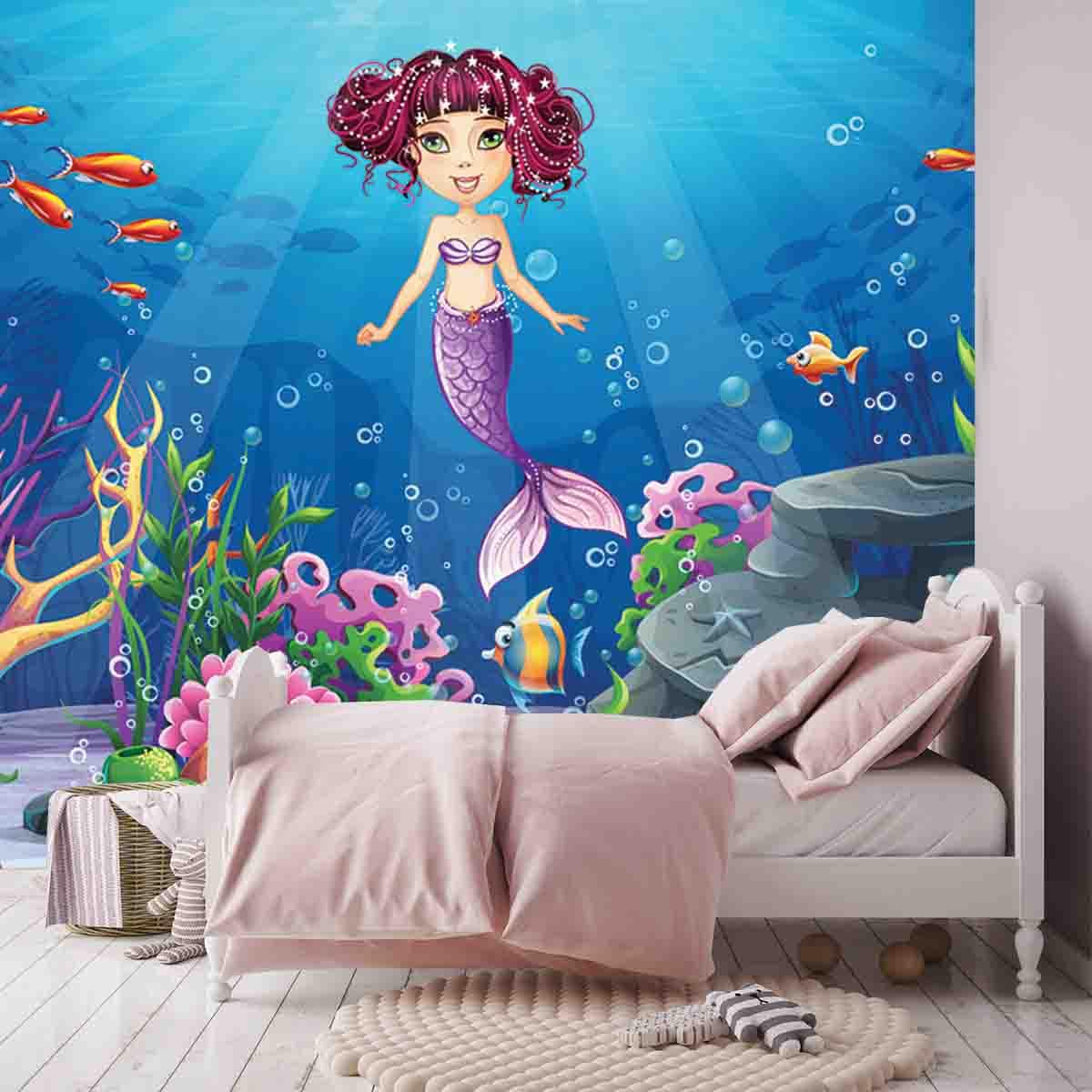 Beautiful Brunette Mermaid, Coral and Colorful Reefs Wallpaper Girl Bedroom Mural