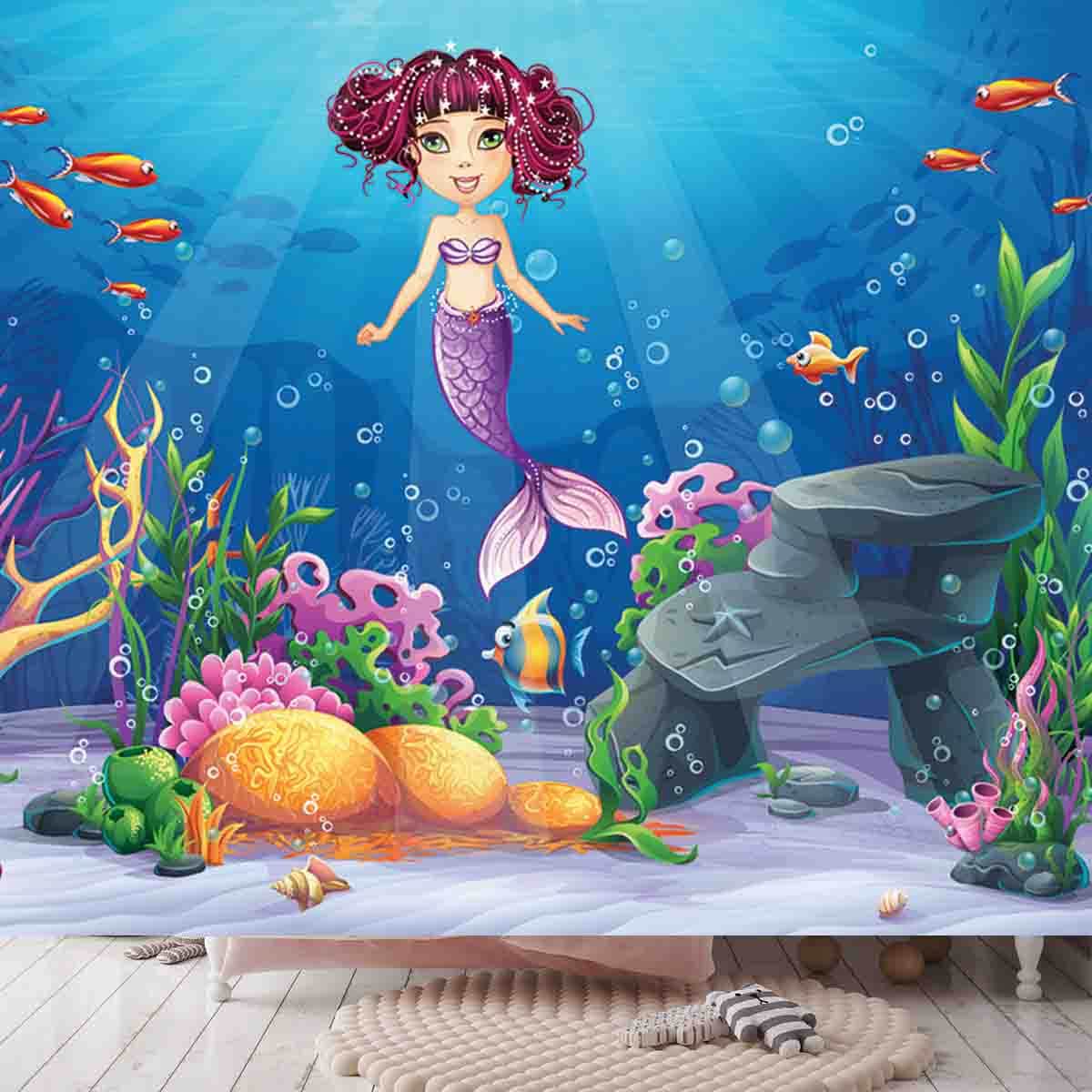 Beautiful Brunette Mermaid, Coral and Colorful Reefs Wallpaper Girl Bedroom Mural