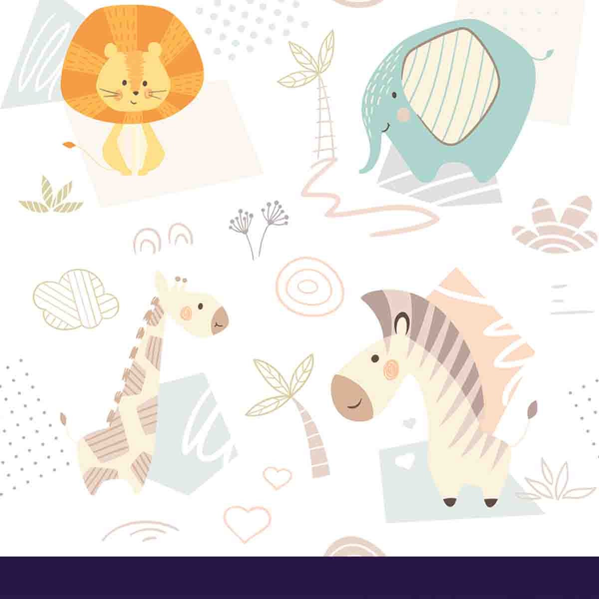 Sweet Zoo Animal Print with Baby Lion, Giraffe, Zebra and Elephant Wallpaper Nursery Mural