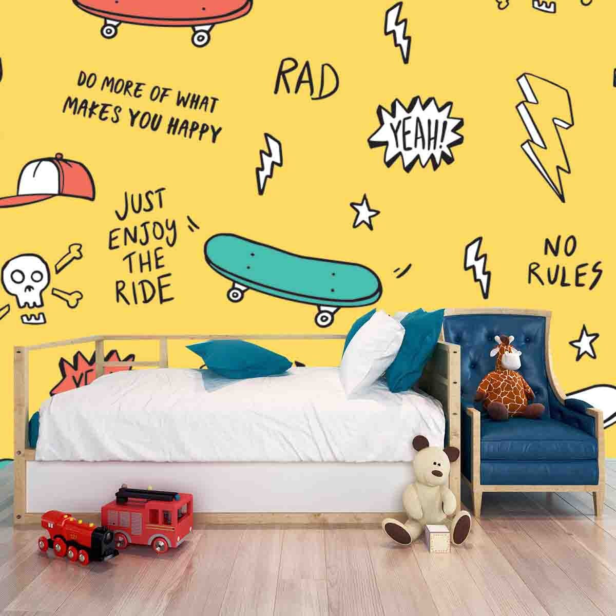 Hand Drawn Skateboarding Doodle Illustration Wallpaper Boy Bedroom Mural