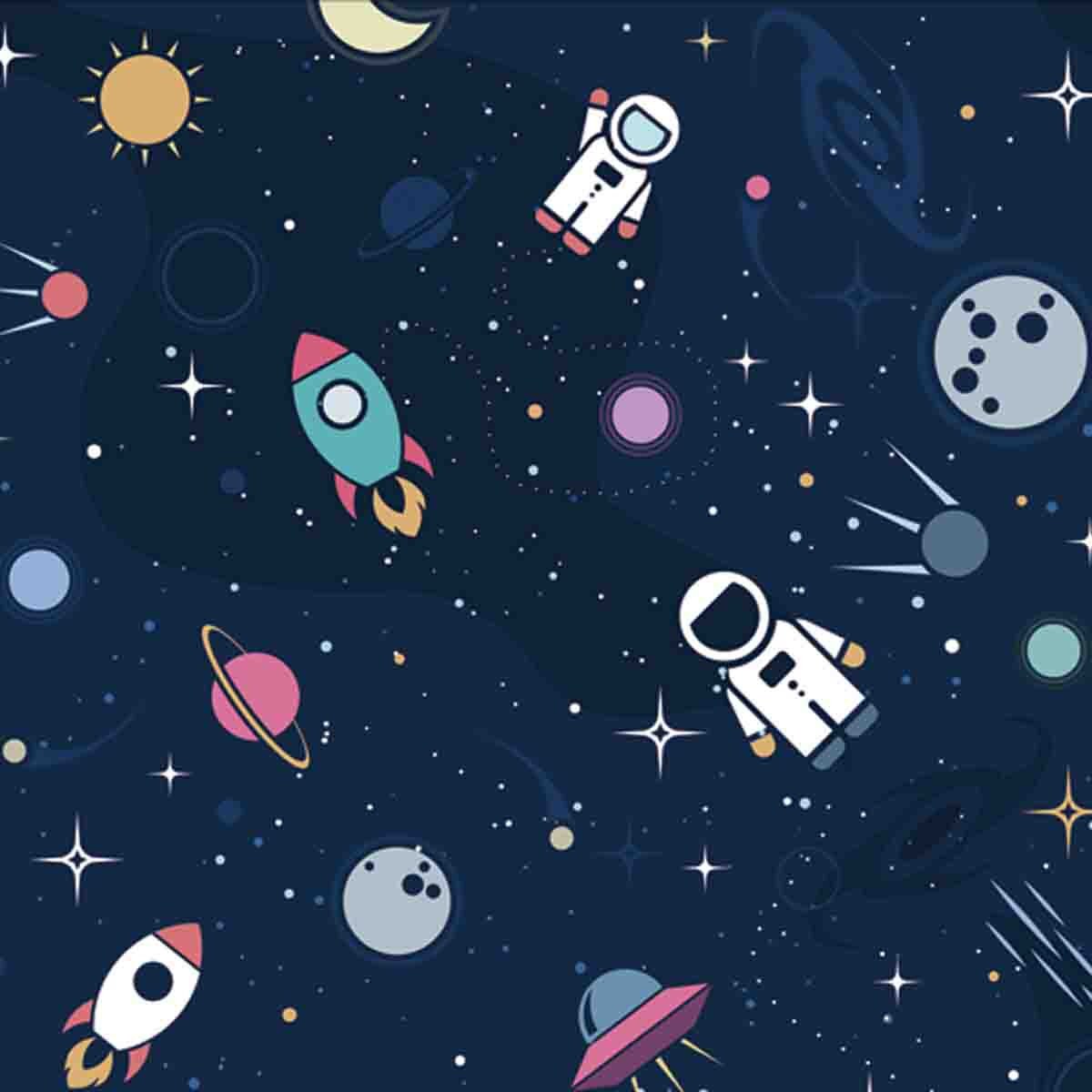 Astronaut, Spaceship, Rocket, Moon, Black Hole, Stars in Outer Space Wallpaper Little Boy Bedroom Mural