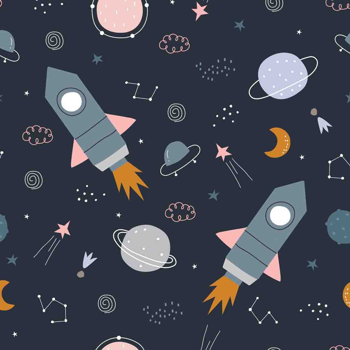 Hand Drawn Rockets, Stars and Planets Wallpaper Nursery Mural