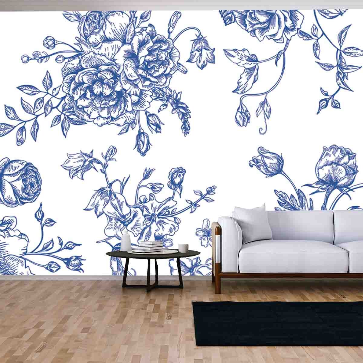 Vintage Pattern with Bouquet of Blue Flowers on a White Background Wallpaper Living Room Mural