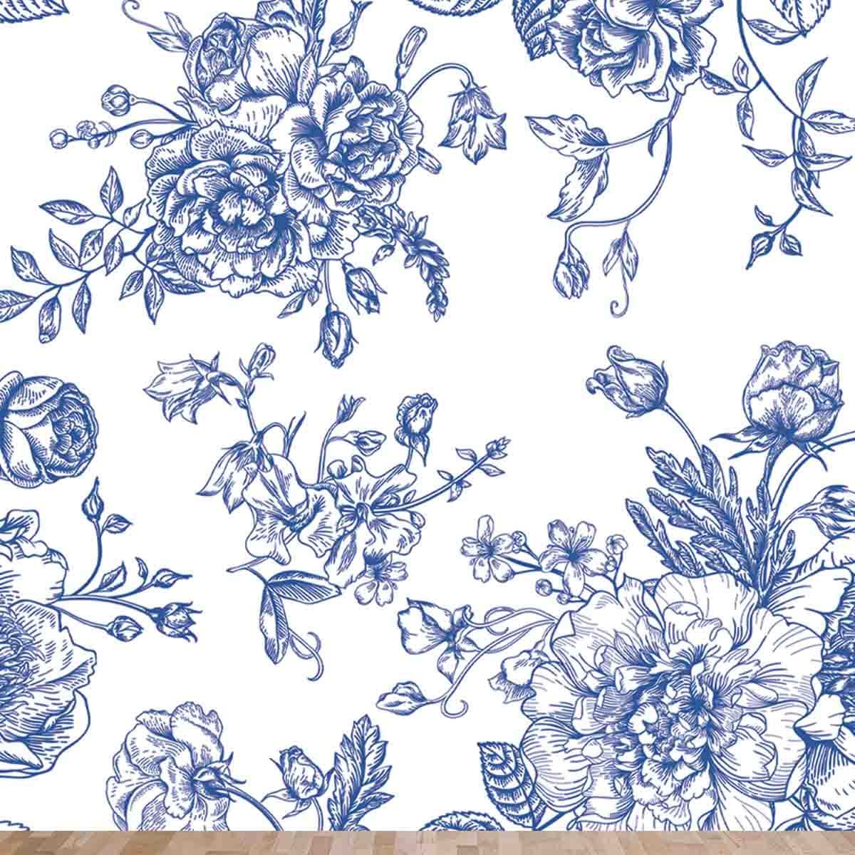 Vintage Pattern with Bouquet of Blue Flowers on a White Background Wallpaper Living Room Mural