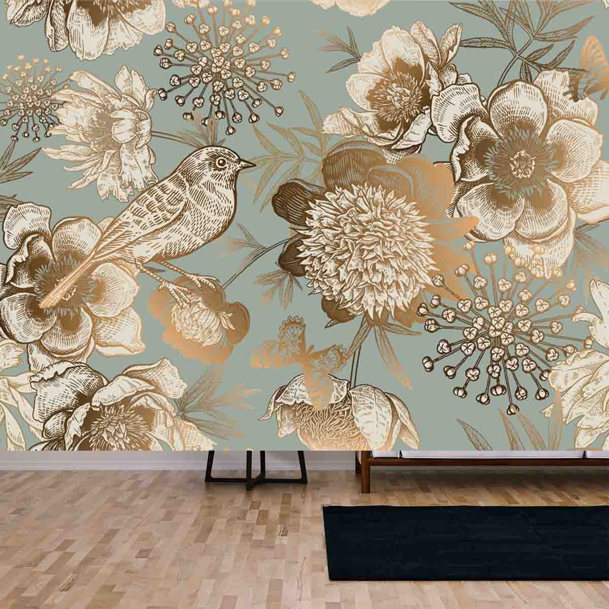 Garden Flower Peonies, Bird and Butterflies Gold Foil on a Blue Background Wallpaper Living Room Mural