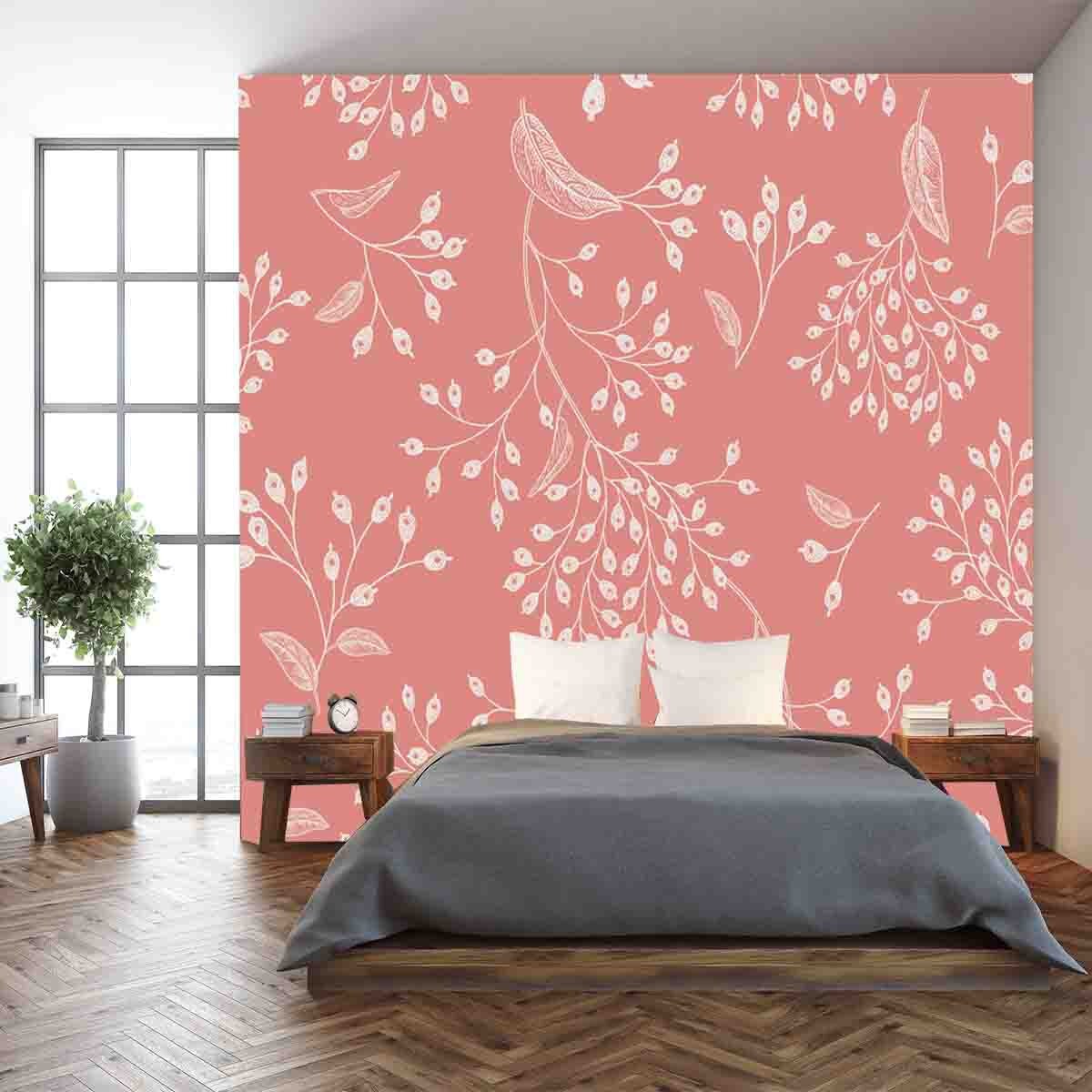 Oriental Style Pink and White Floral Vintage Wallpaper Bedroom Mural