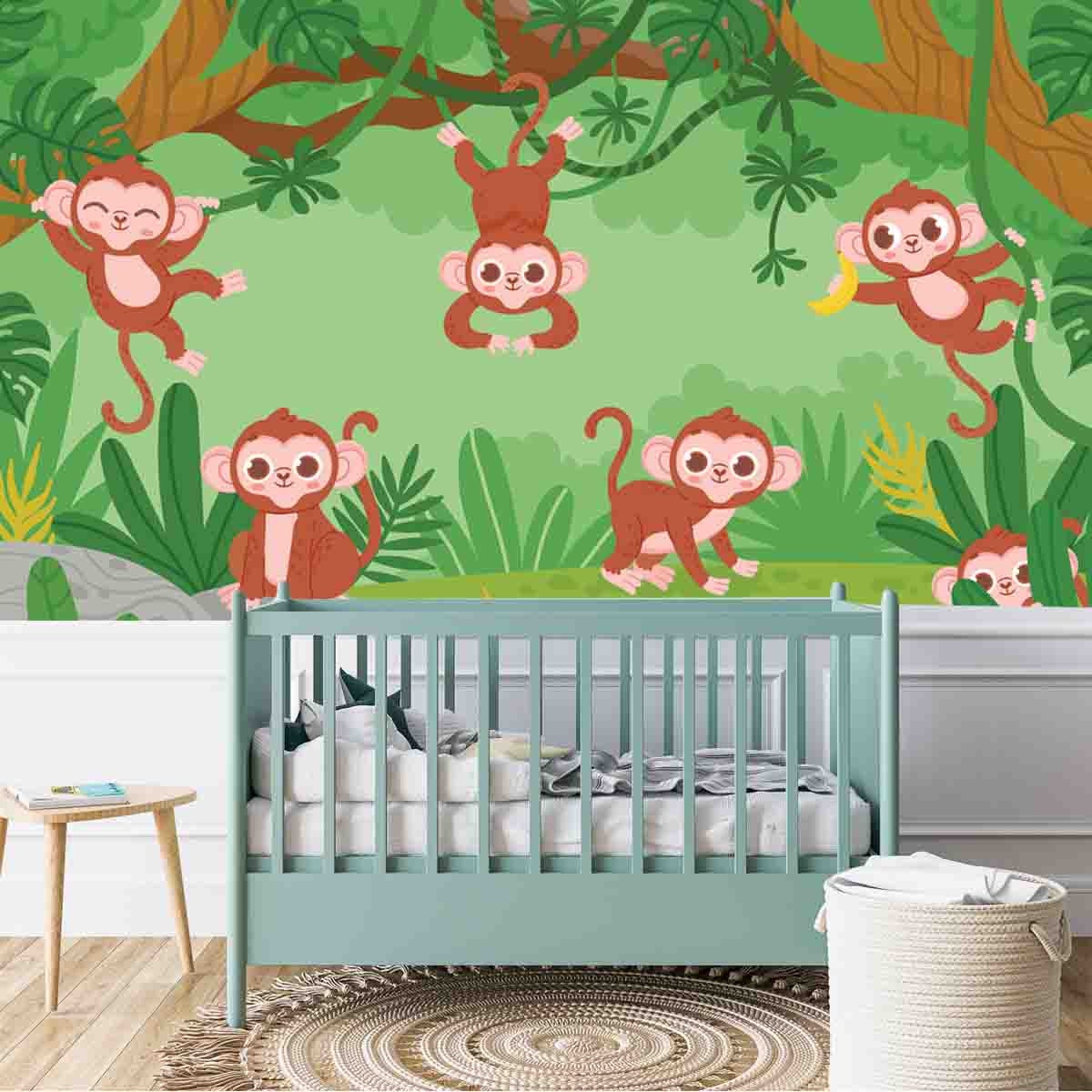 Cute Monkeys Hanging on Lianas Trees in Jungle Forest Wallpaper Nursery Mural