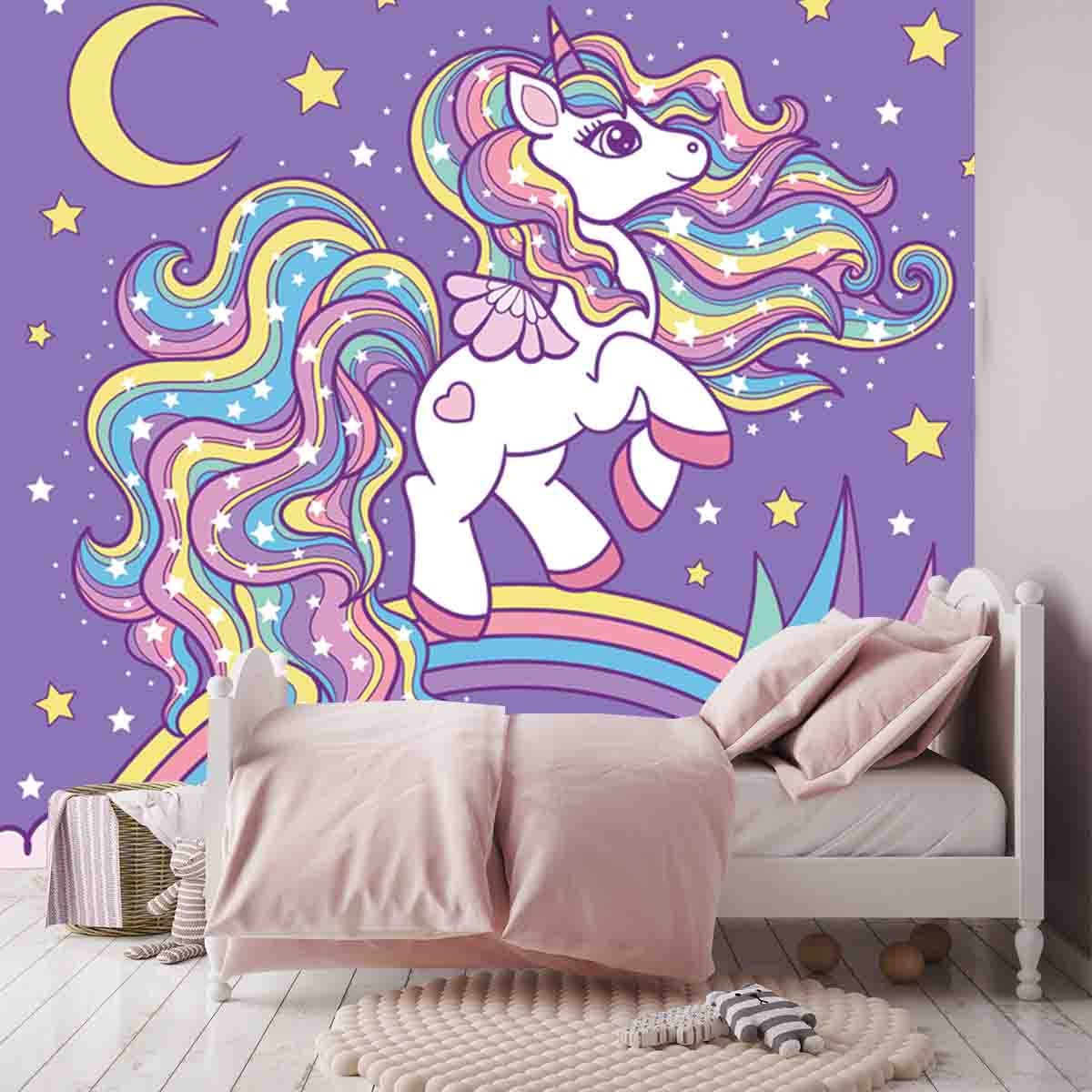 Cute, Cartoon White Unicorn on a Rainbow Among the Stars Wallpaper Little Girl Bedroom Mural