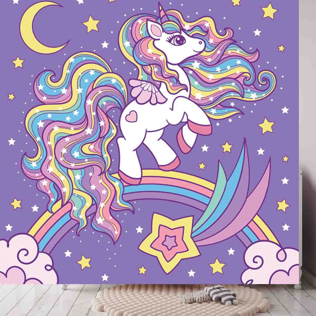 Cute, Cartoon White Unicorn on a Rainbow Among the Stars Wallpaper Little Girl Bedroom Mural