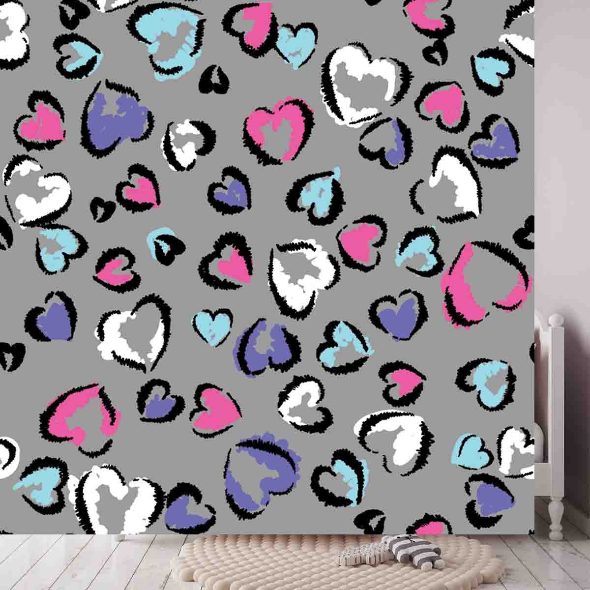 Abstract Seamless Chaotic Leopard Print with Hearts Elements Wallpaper Girls Bedroom Mural