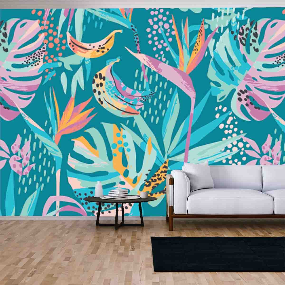 Abstract Art Seamless Pattern with Tropical Leaves and Flowers Wallpaper Living Room Mural