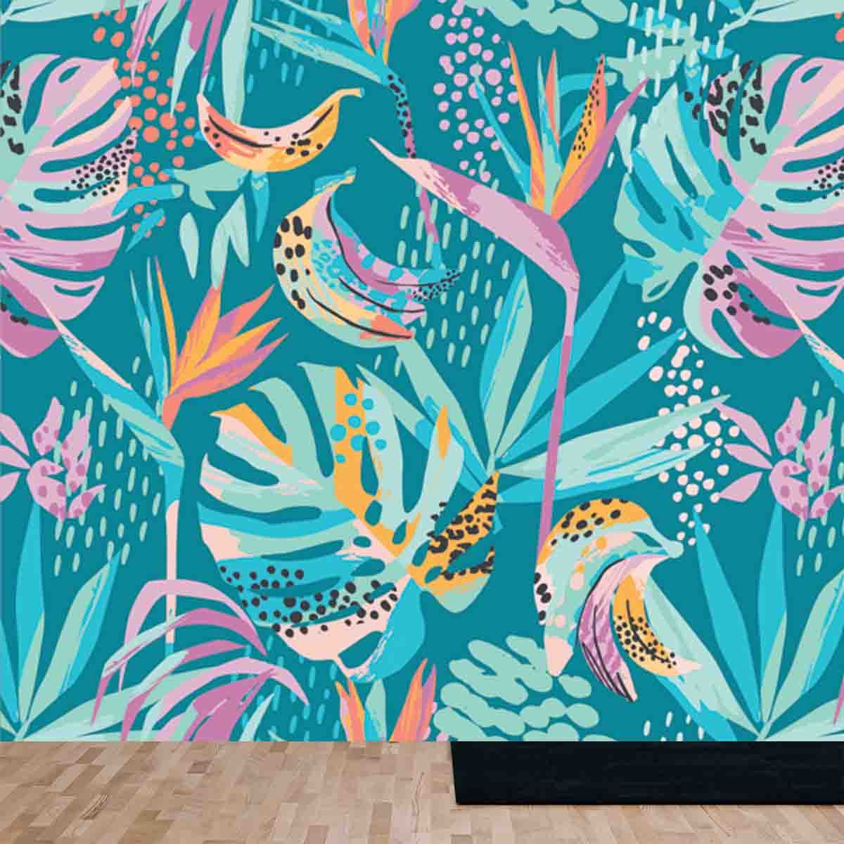 Abstract Art Seamless Pattern with Tropical Leaves and Flowers Wallpaper Living Room Mural