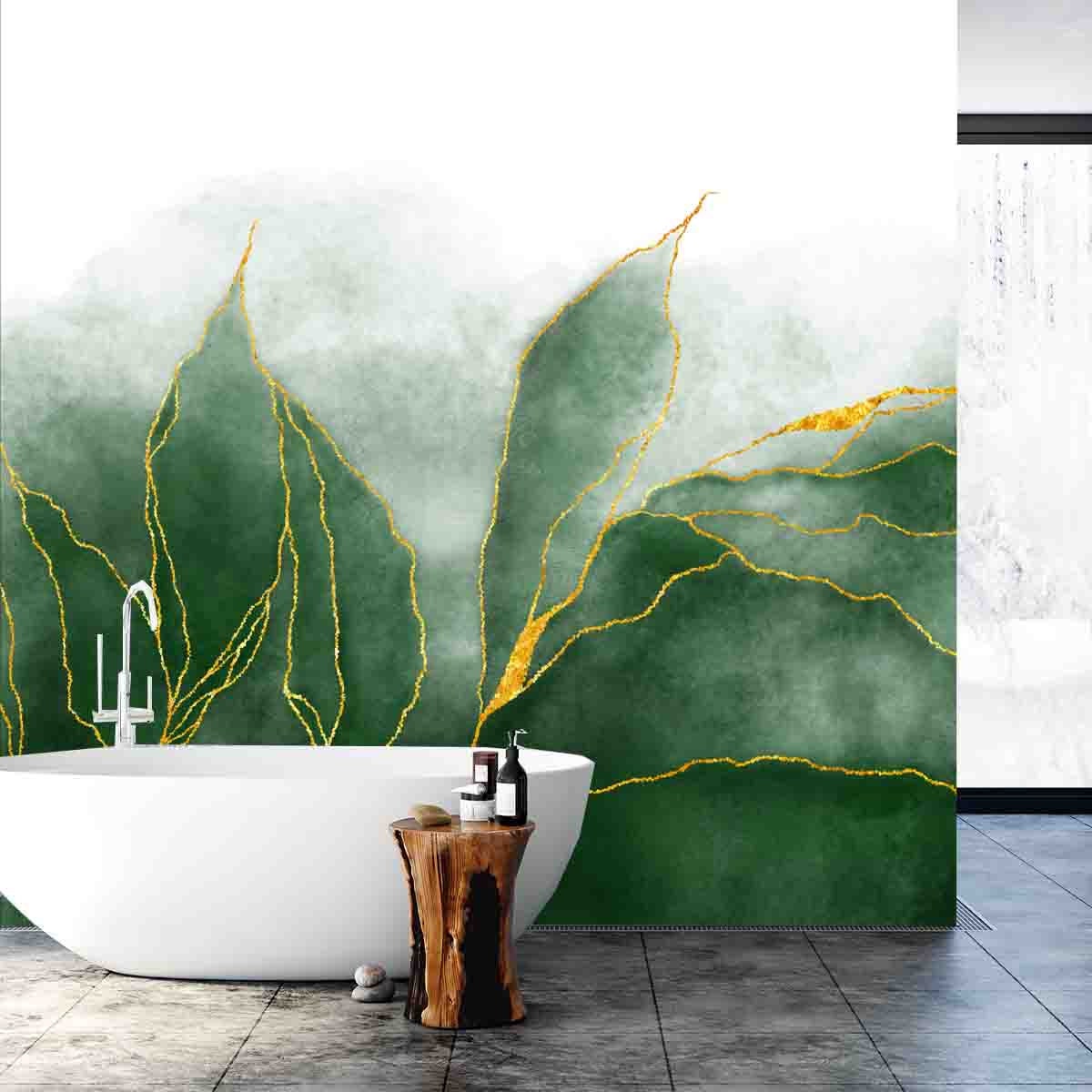 Green Paints Spilled on Paper with Golden Shiny Veins and Liquid Marble Texture Wallpaper Living Room Mural