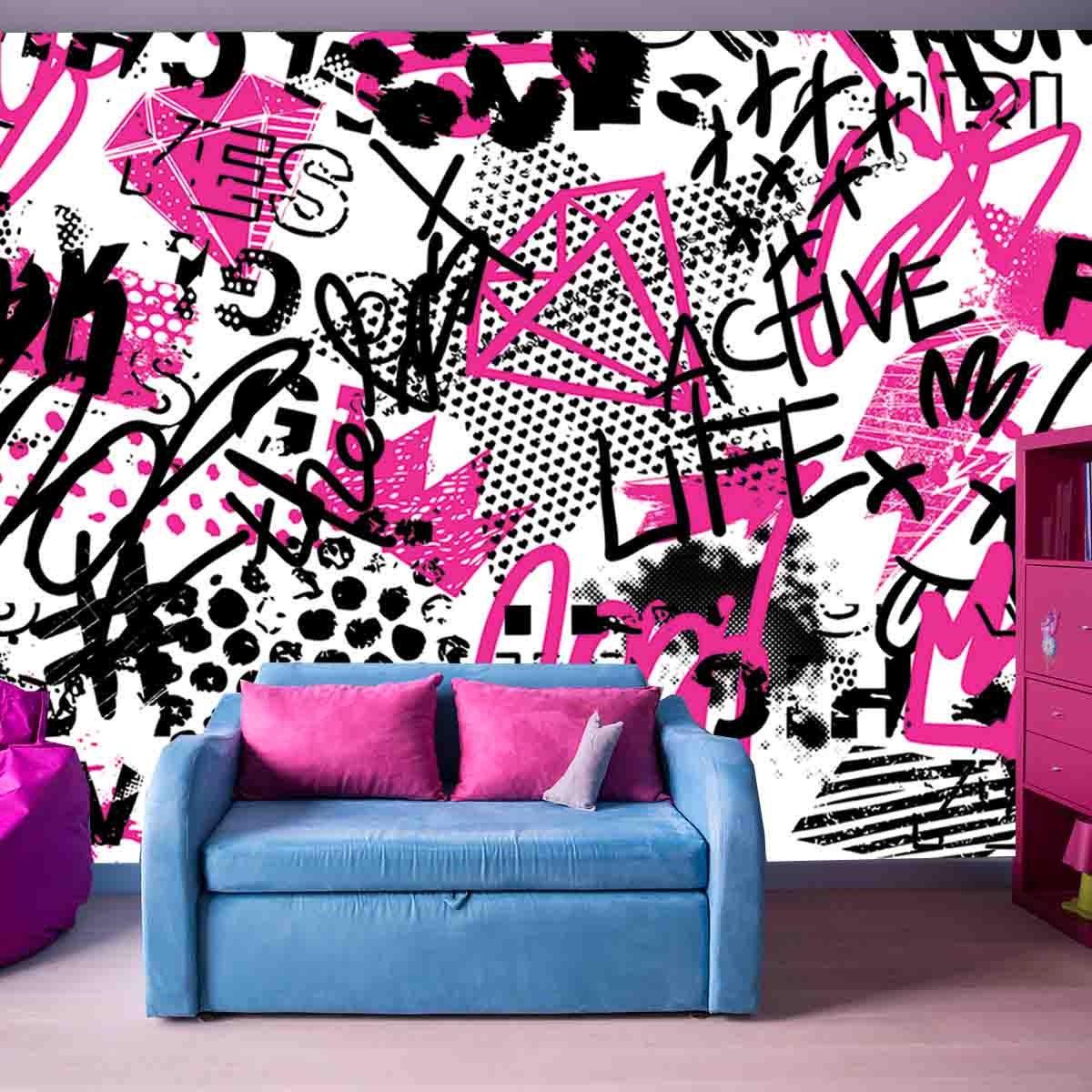 Abstract Seamless Chaotic Pattern with Urban Graffiti Words, Scuffed and Sprays Wallpaper Teen Girl Bedroom Mural