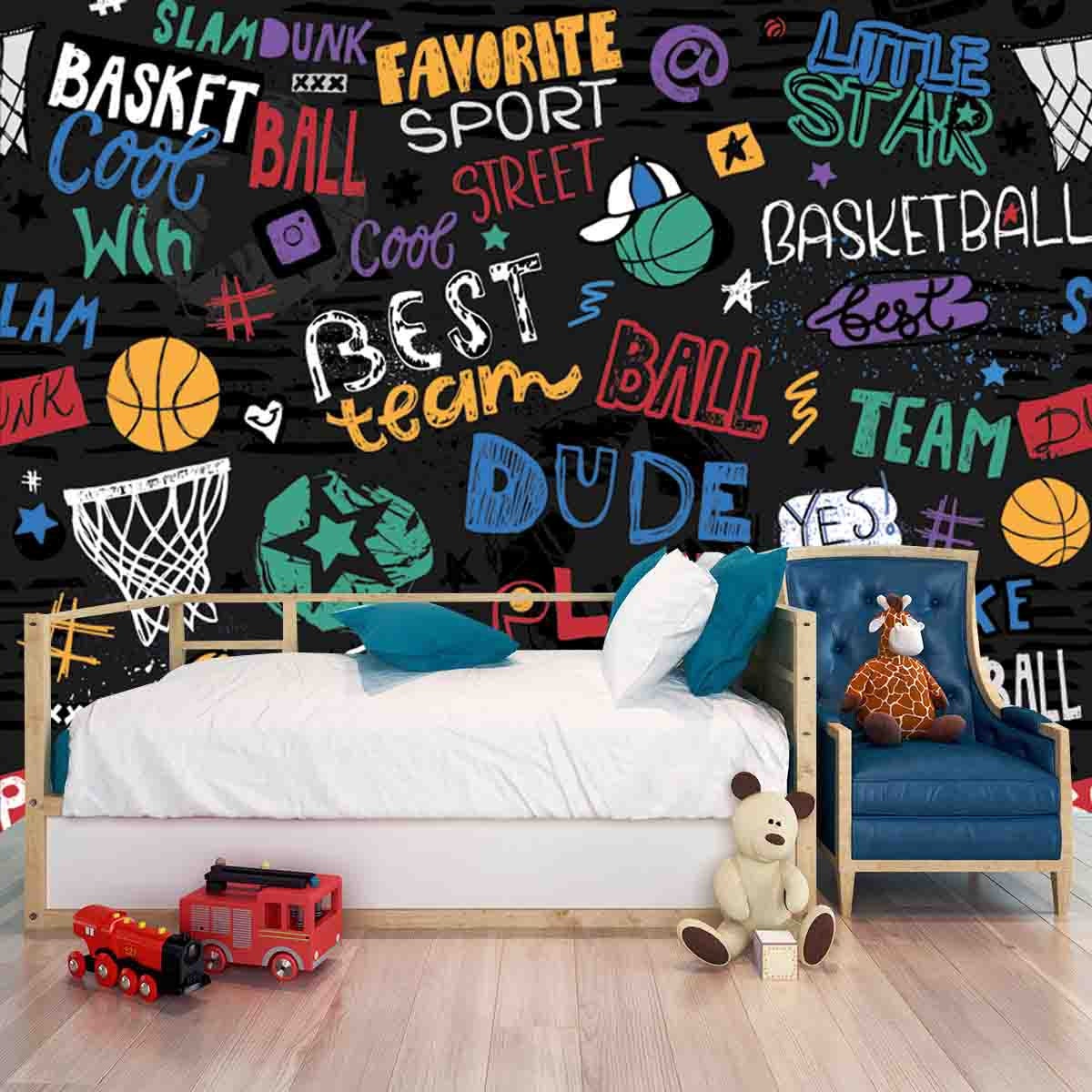Vector Sketch Basketball Seamless Pattern for Boys Wallpaper Little Boy Bedroom Mural