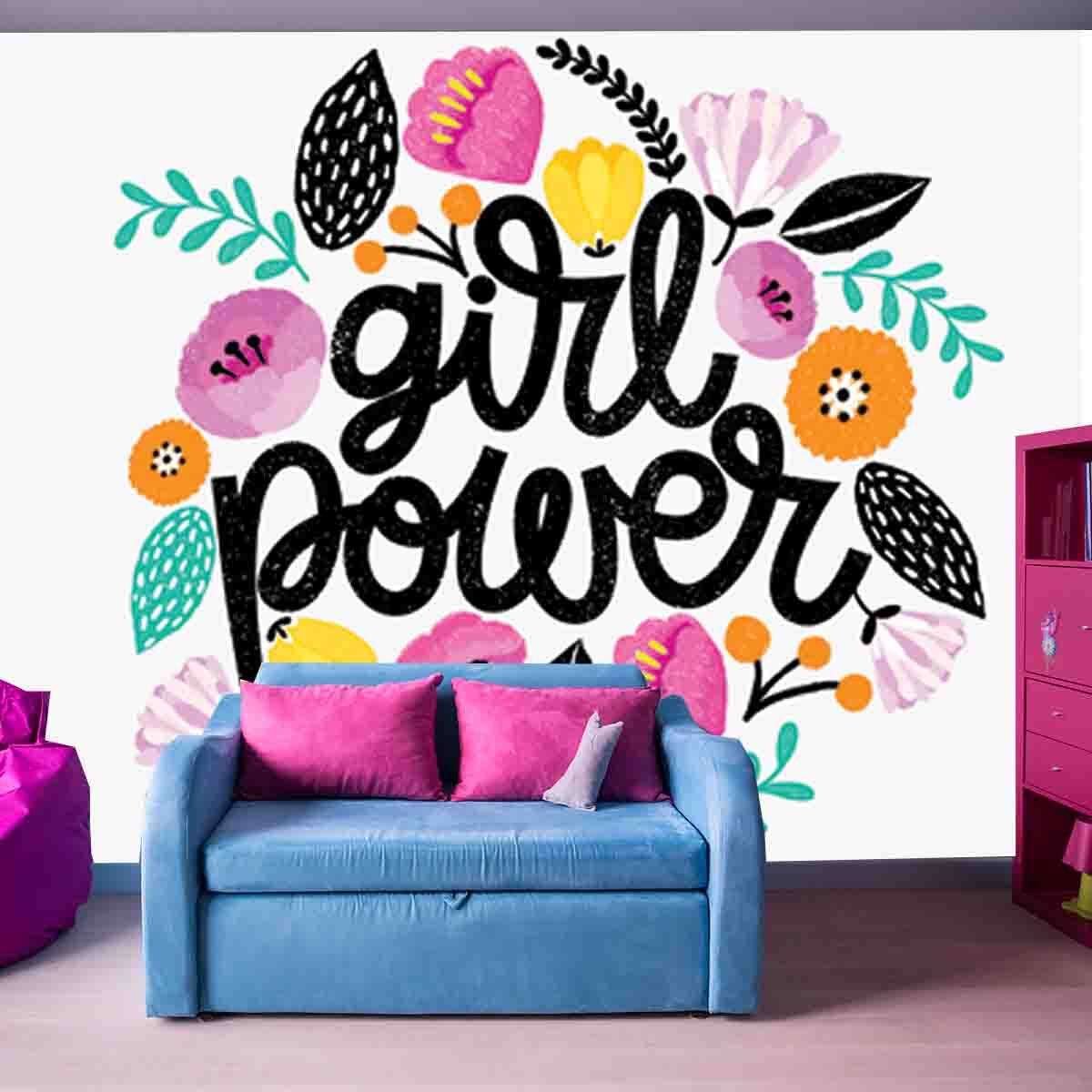 Girl Power Hand Drawn Illustration Wallpaper Girl Bedroom Mural