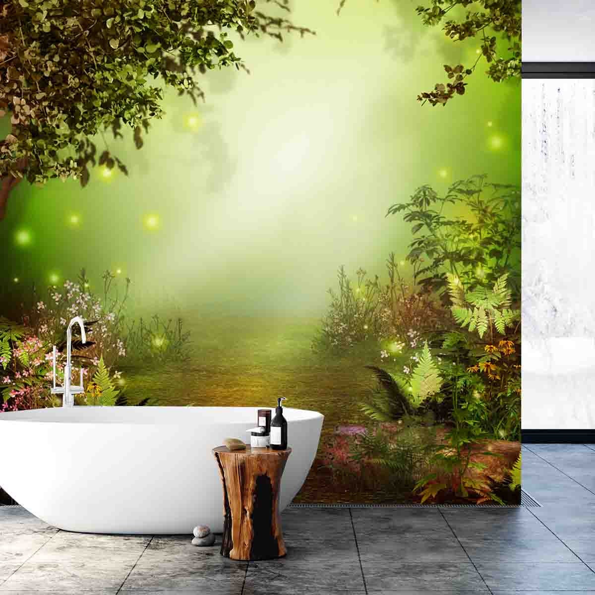 Magical Enchanting Forest Opening with a Path Leading to a Heavenly Light Wallpaper Bathroom Mural