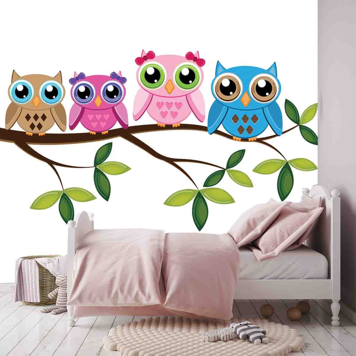 Four Colorful Owls Sitting on the Branch on a White Background Wallpaper Little Girl Bedroom Mural