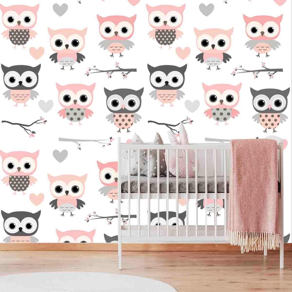 Cute Pattern with Cartoon Owls, Hearts and Branches in Pink and Grey Colors Wallpaper Girl Nursery Mural