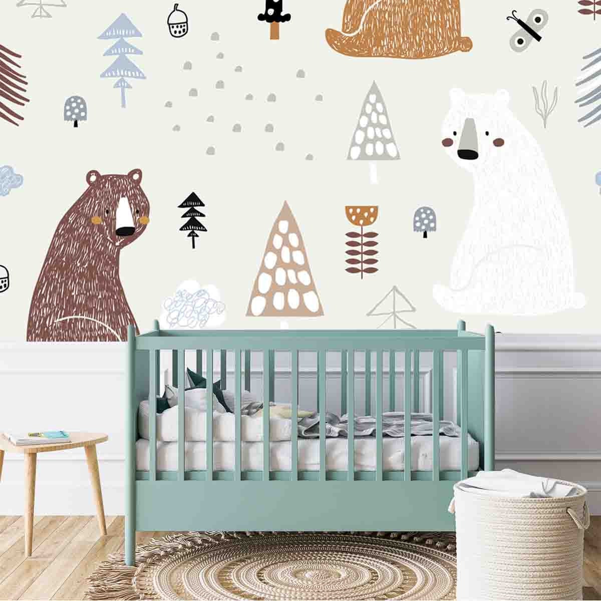 Childish Pattern with Cute Bears in the Wood Little Boy Nursery Mural
