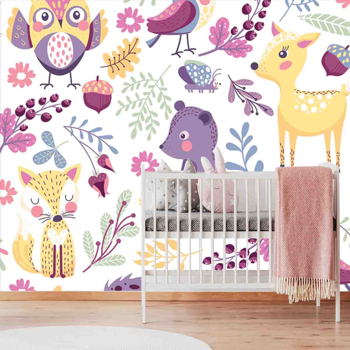Seamless Pattern with Cute Cartoon Forest Animals and Different Plants on White Background Wallpaper Little Girls Nursery Mural