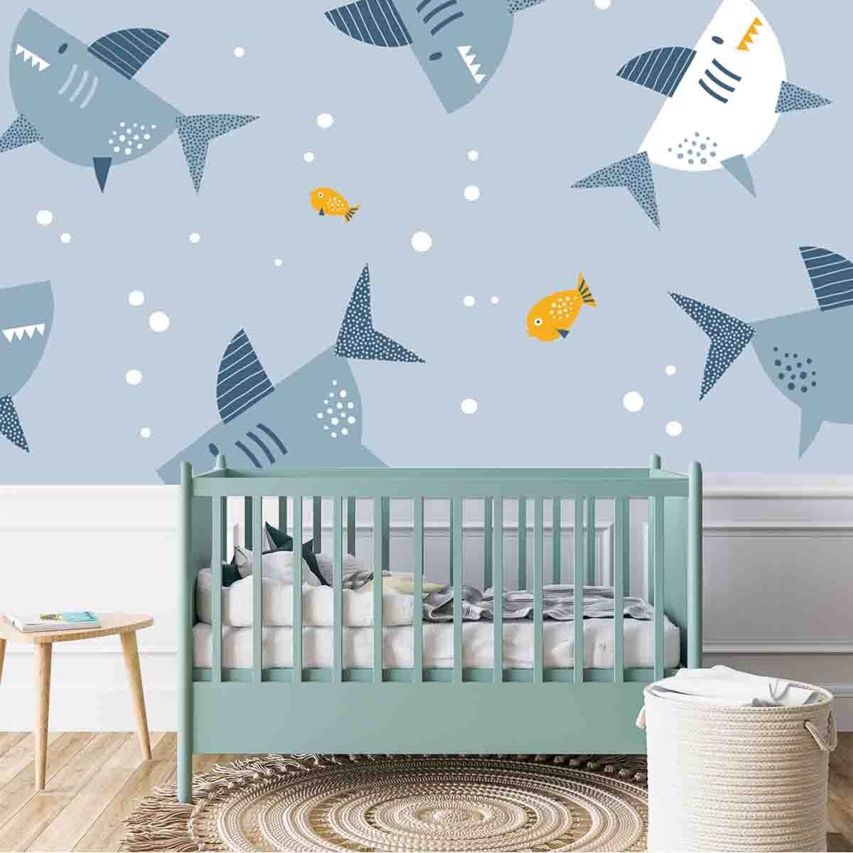 Baby Boy Blue and White Shark and Fish Wallpaper Nursery Mural