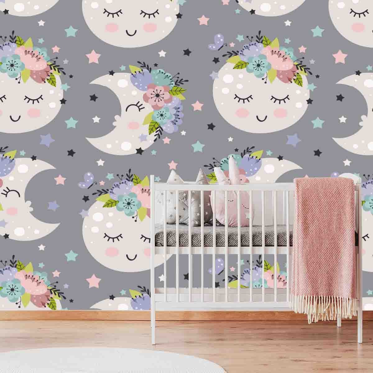 Baby Girl Goodnight Moon with Flowers Wallpaper Nursery Mural