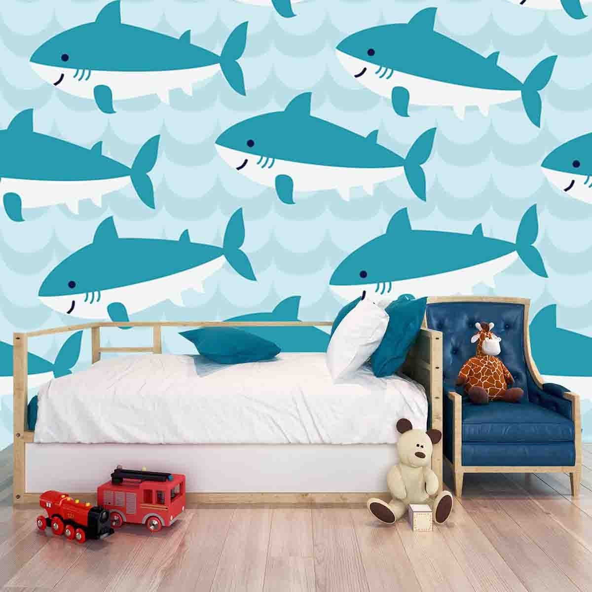Boys Blue Shark Wallpaper Bedroom Mural